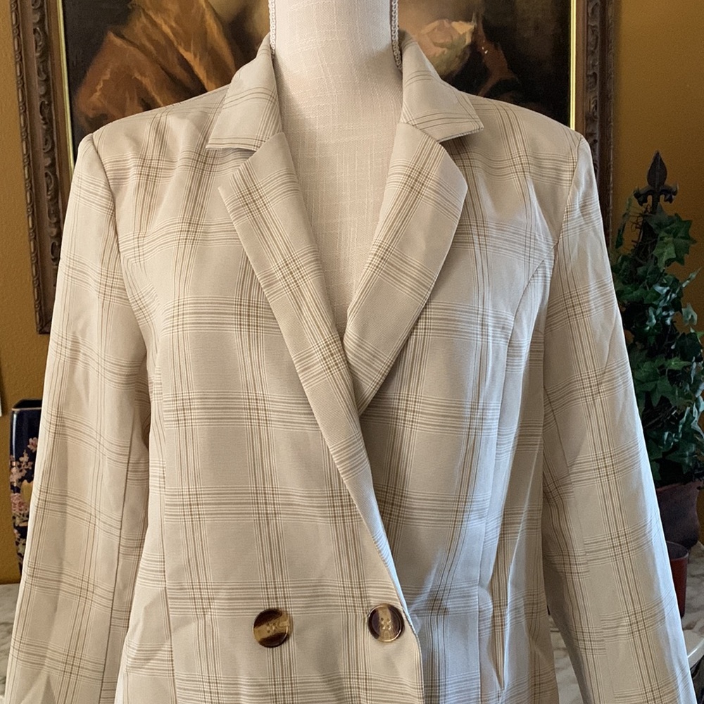 PrettyLittleThing Tan Pin Stripe Plaid Checked Blazer Coat jacket Size 10 NEW